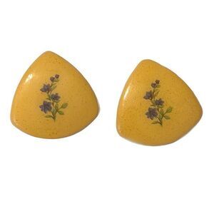 Vintage Yellow Rounded Triangle Hand Painted Purple & Green Floral Earrings